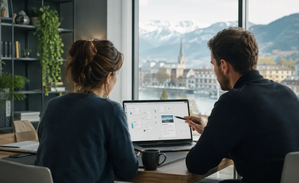 Deux professionnels analysant la visibilité d’une PME suisse dans les résultats de recherche assistés par l’IA